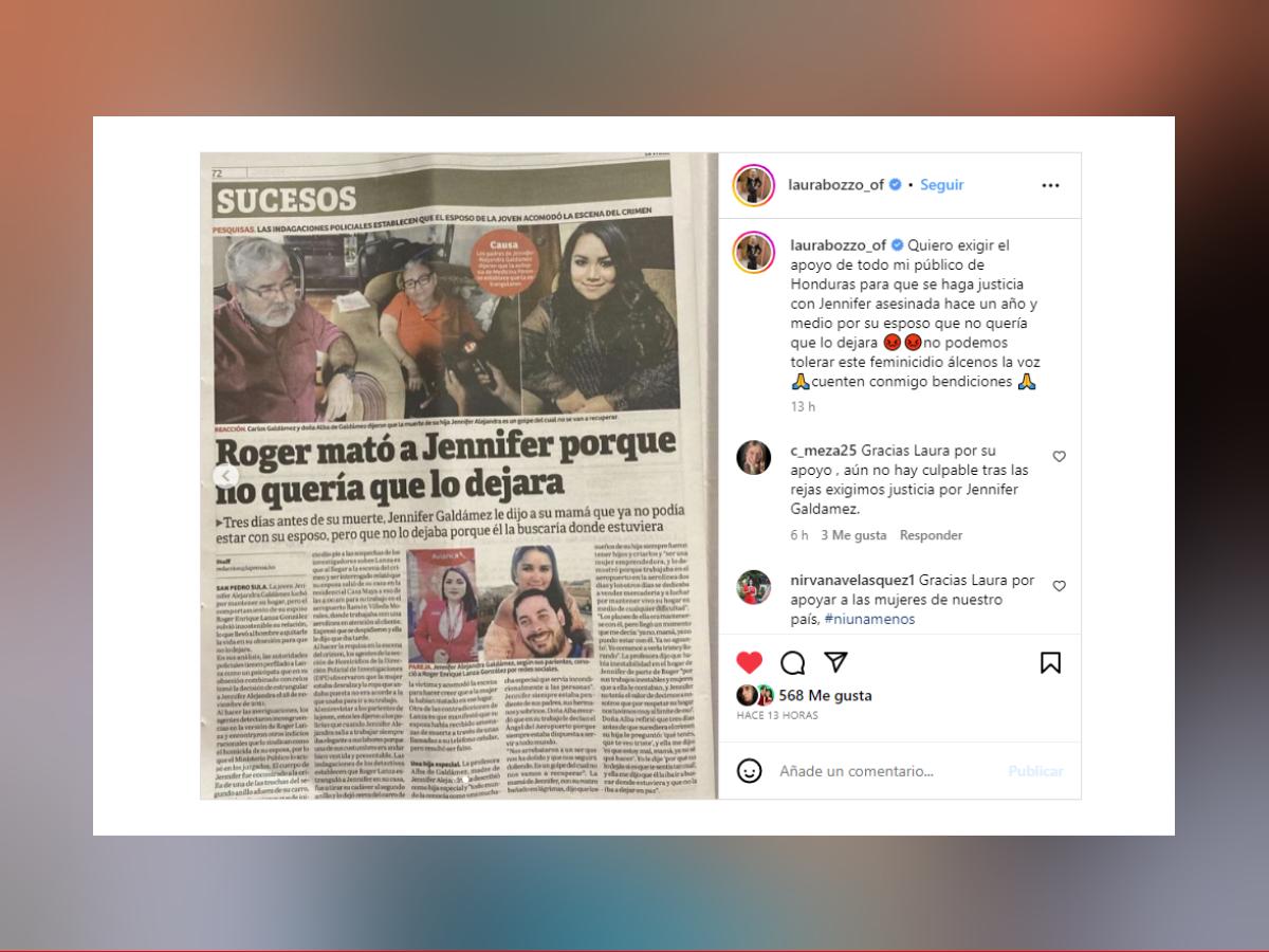 La publicación de Bozzo en Instagram. LA PRENSA ha plasmado en varias notas la historia del caso de la hondureña Jennifer Galdámez.