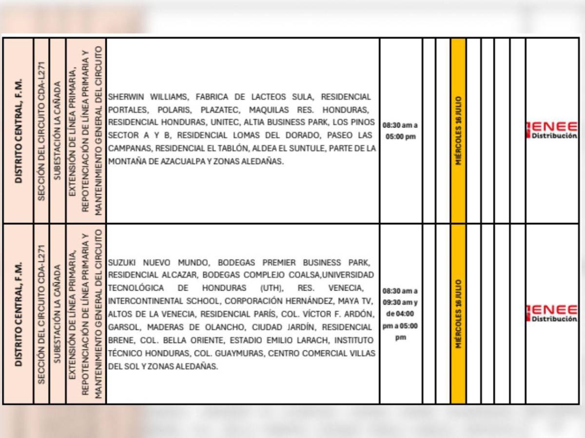 Nueve horas sin luz en Tegucigalpa y otras zonas de Honduras este miércoles 16 de julio