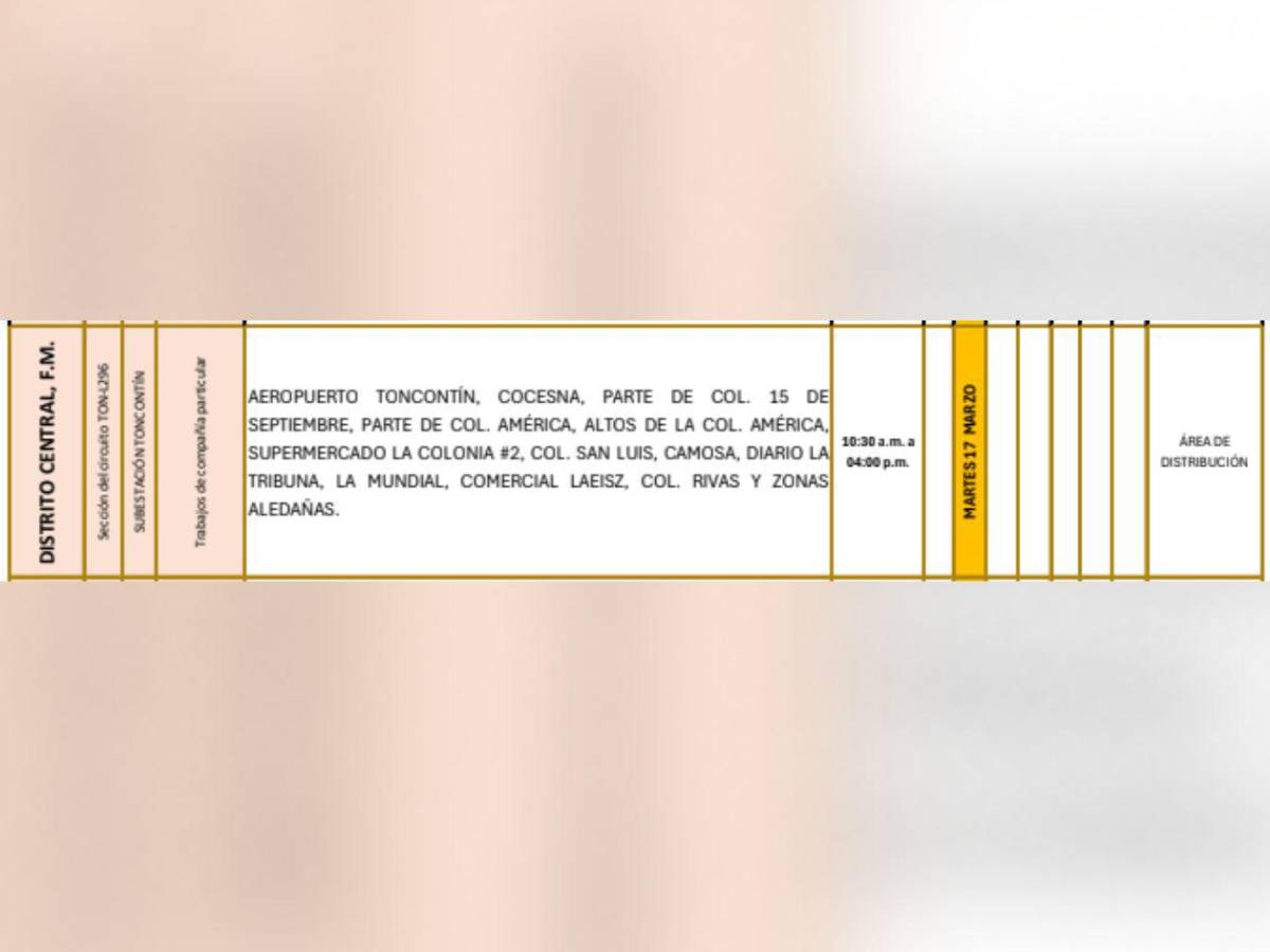 Más de 100 zonas de Honduras estarán sin luz por ocho horas este martes 17 de marzo