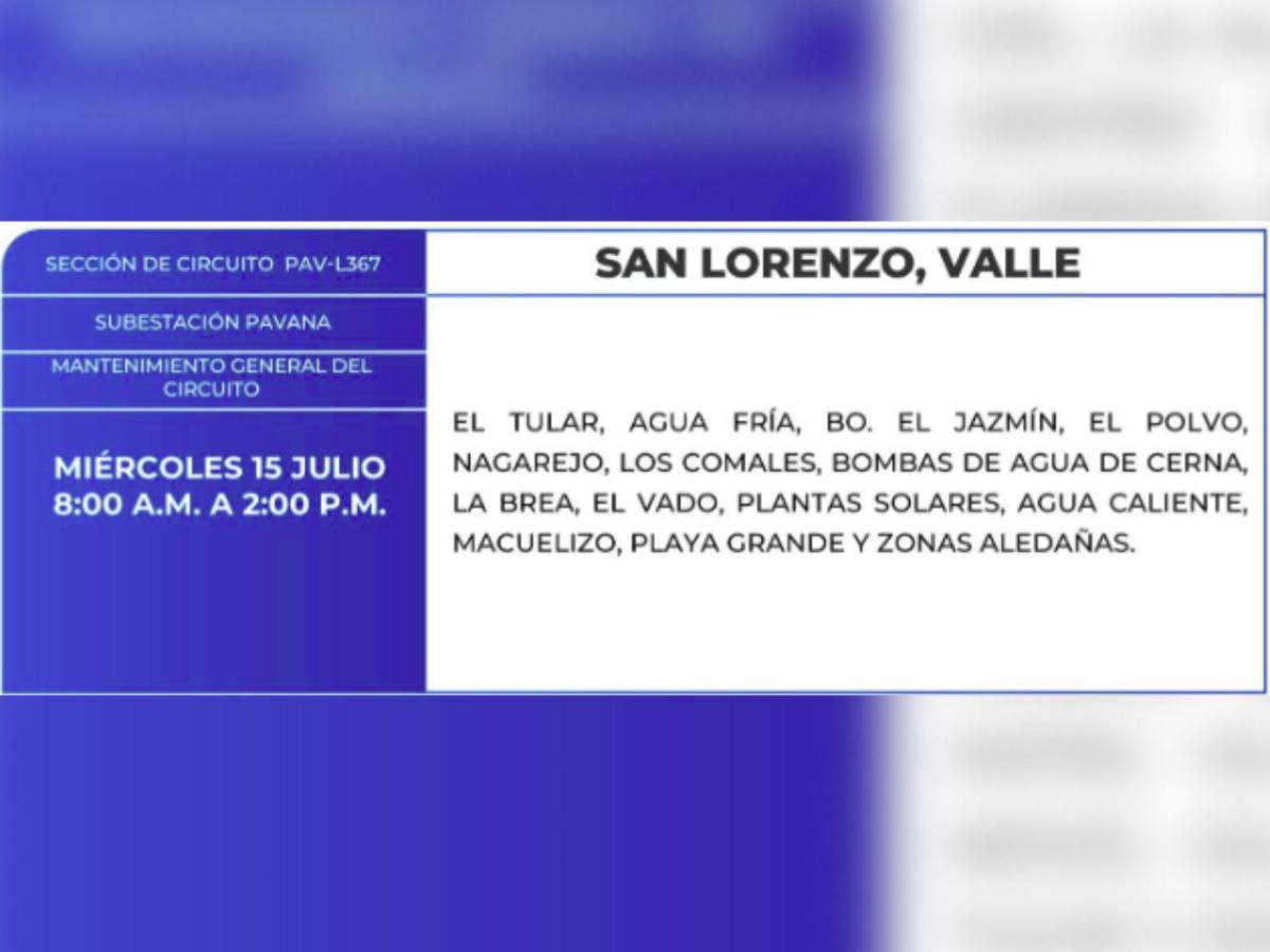 Más de 100 sectores de Honduras estarán sin energía  este miércoles 15 de julio