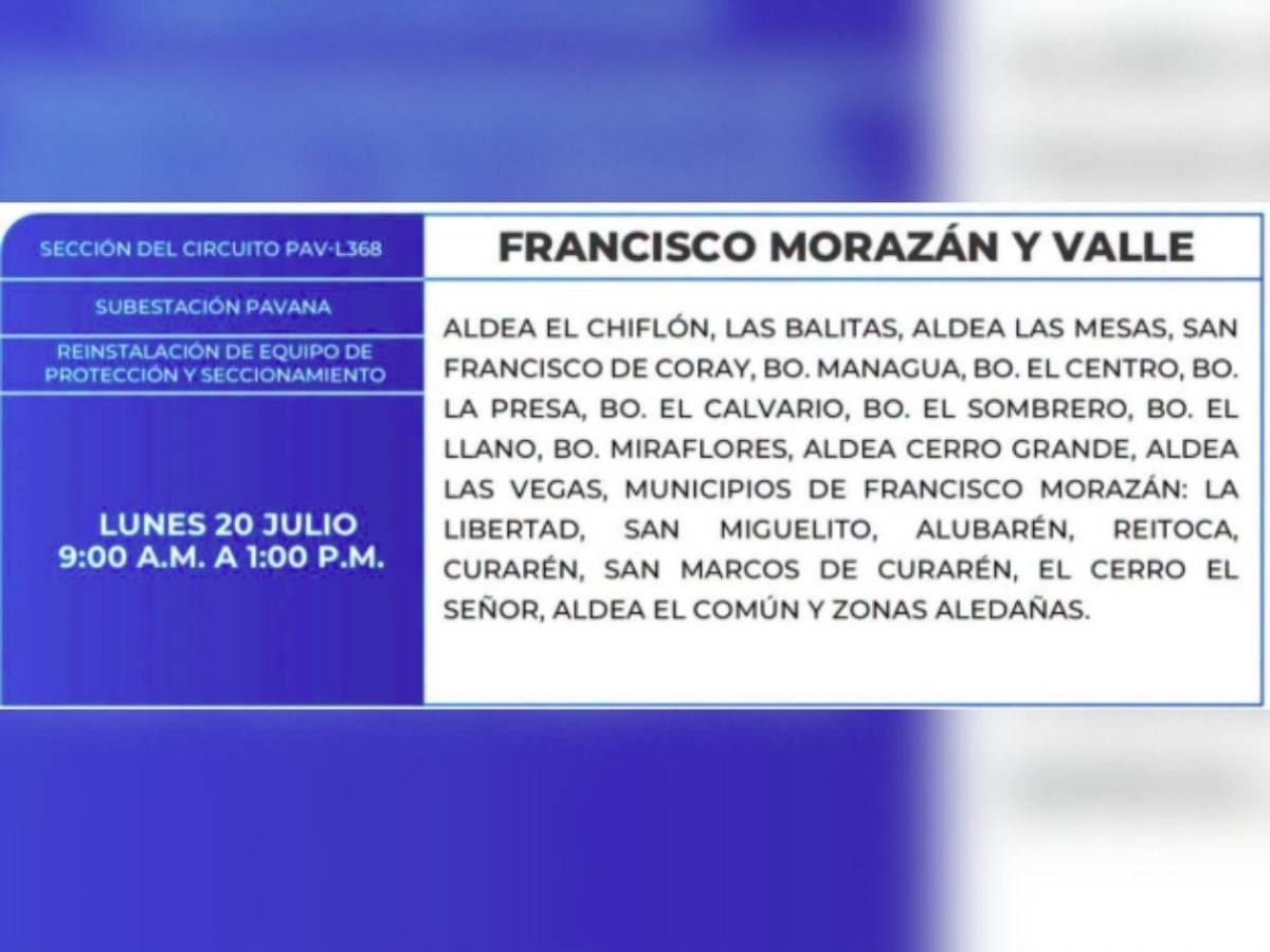 Estas zonas de Tegucigalpa y SPS no tendrán energía este lunes 20 de julio