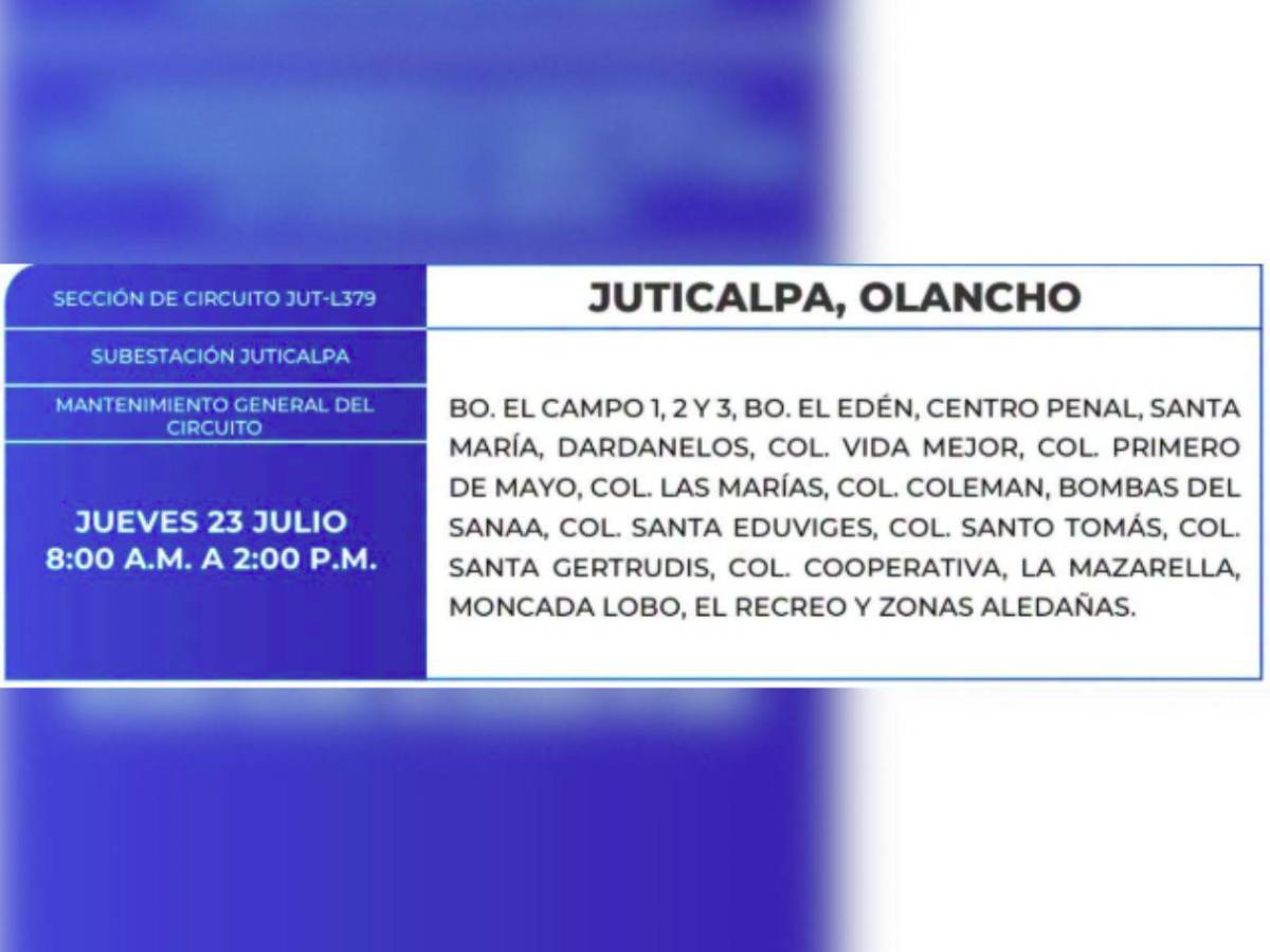 Estas zonas de Tegucigalpa y SPS no tendrán energía este jueves 23 de julio