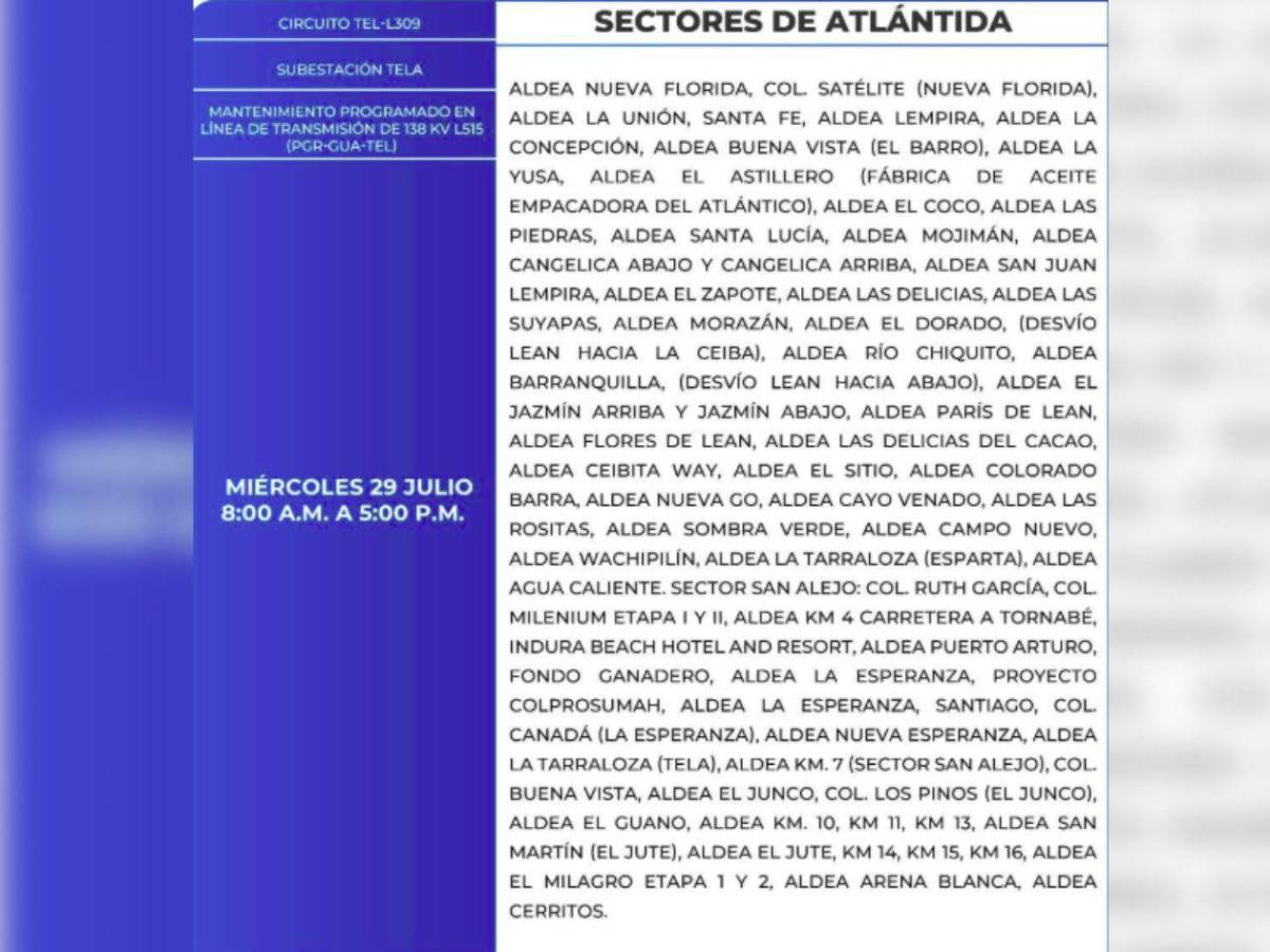 Diez horas sin luz estarán estas zonas de Honduras este miércoles 29 de julio