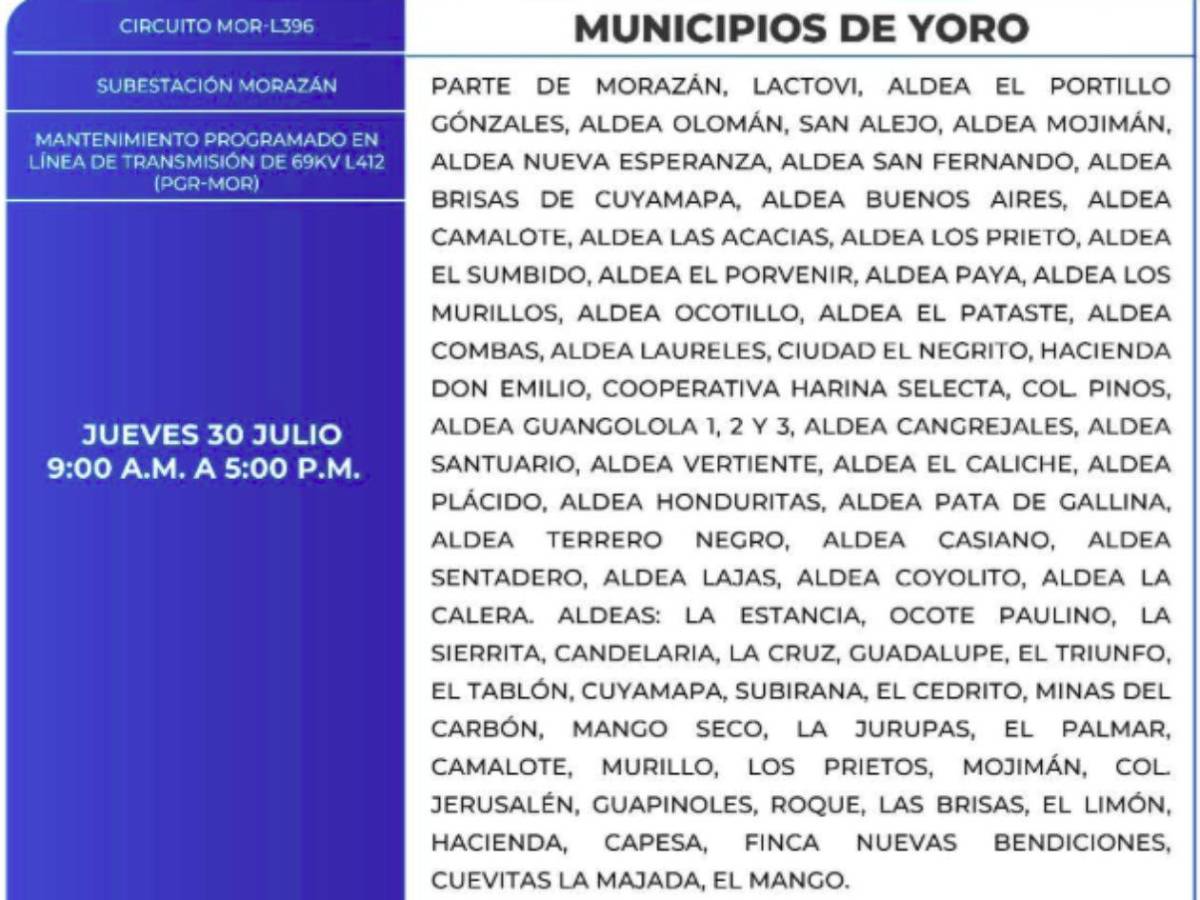 Más de 100 zonas de Honduras no tendrán energía este jueves 30 de julio