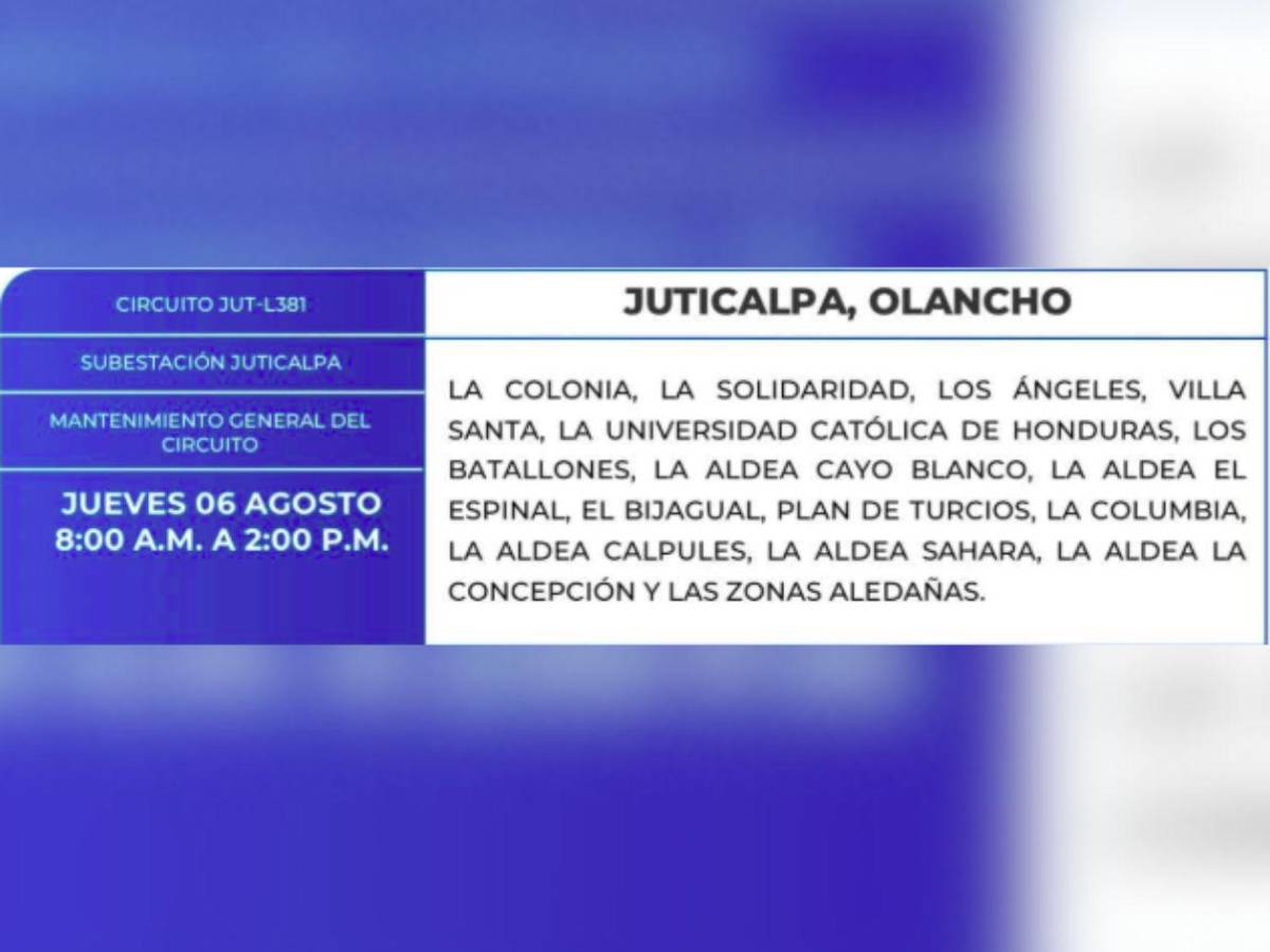 Estas zonas de SPS, Tegucigalpa, Yoro y Olancho que no tendrán energía este jueves 6 de agosto