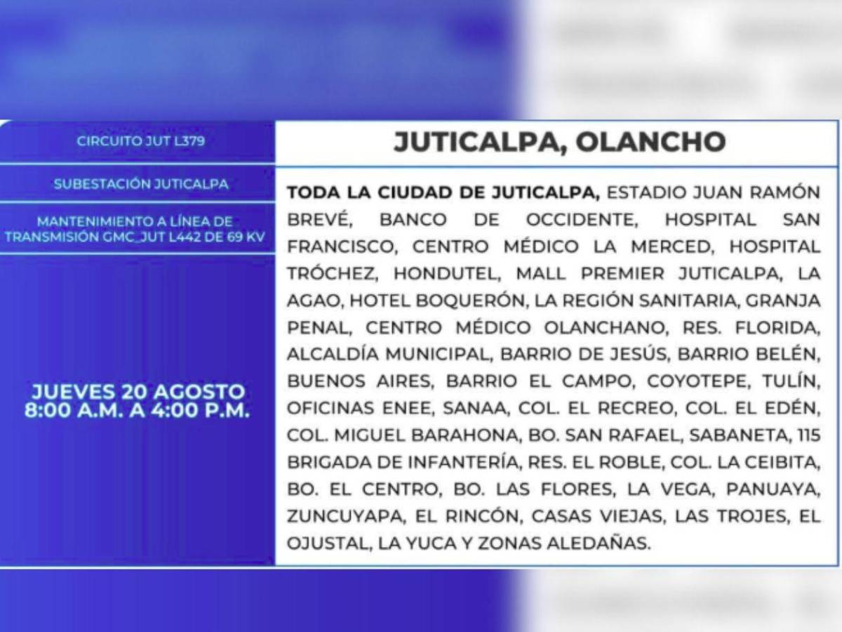 Ocho horas sin luz estarán más de 50 zonas de Honduras este jueves 20 de agosto