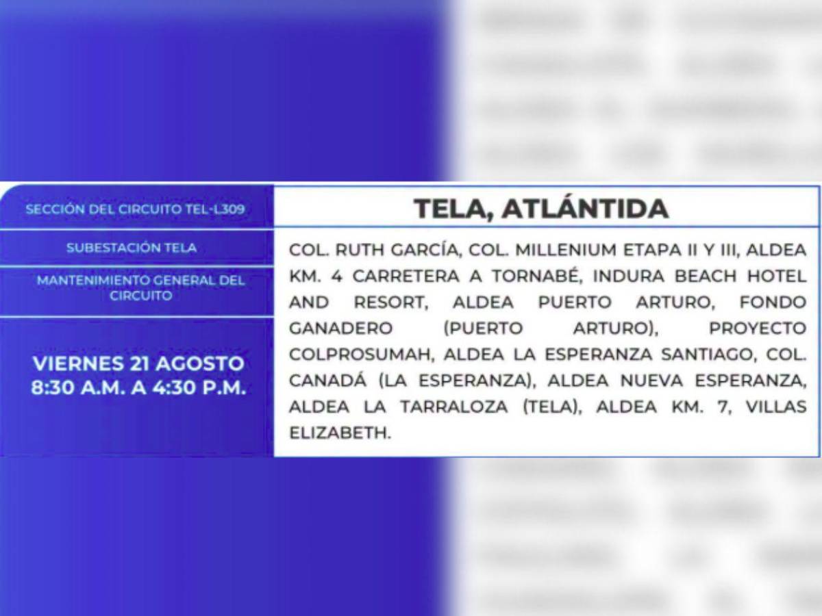 Más de 50 zonas de Honduras no tendrán energía este viernes 21 de agosto