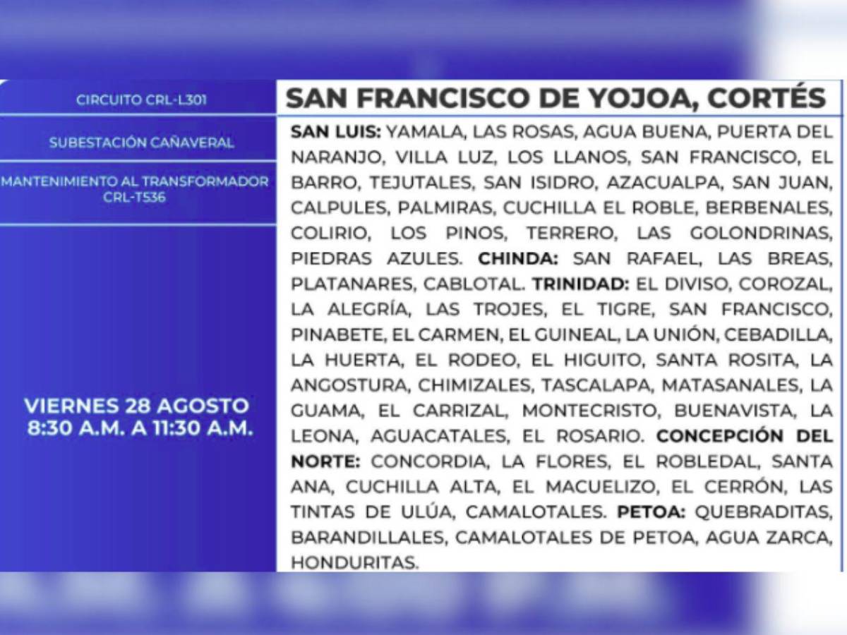 Ocho horas sin luz estarán estas zonas de Honduras este viernes 28 de agosto