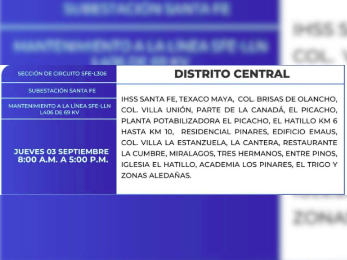 Nueve horas sin luz estarán estas zonas de Honduras  este jueves 3 de septiembre