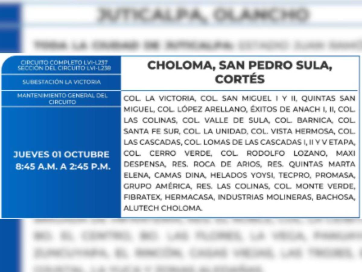 Estas zonas de Honduras no tendrán energía este jueves 1 de octubre