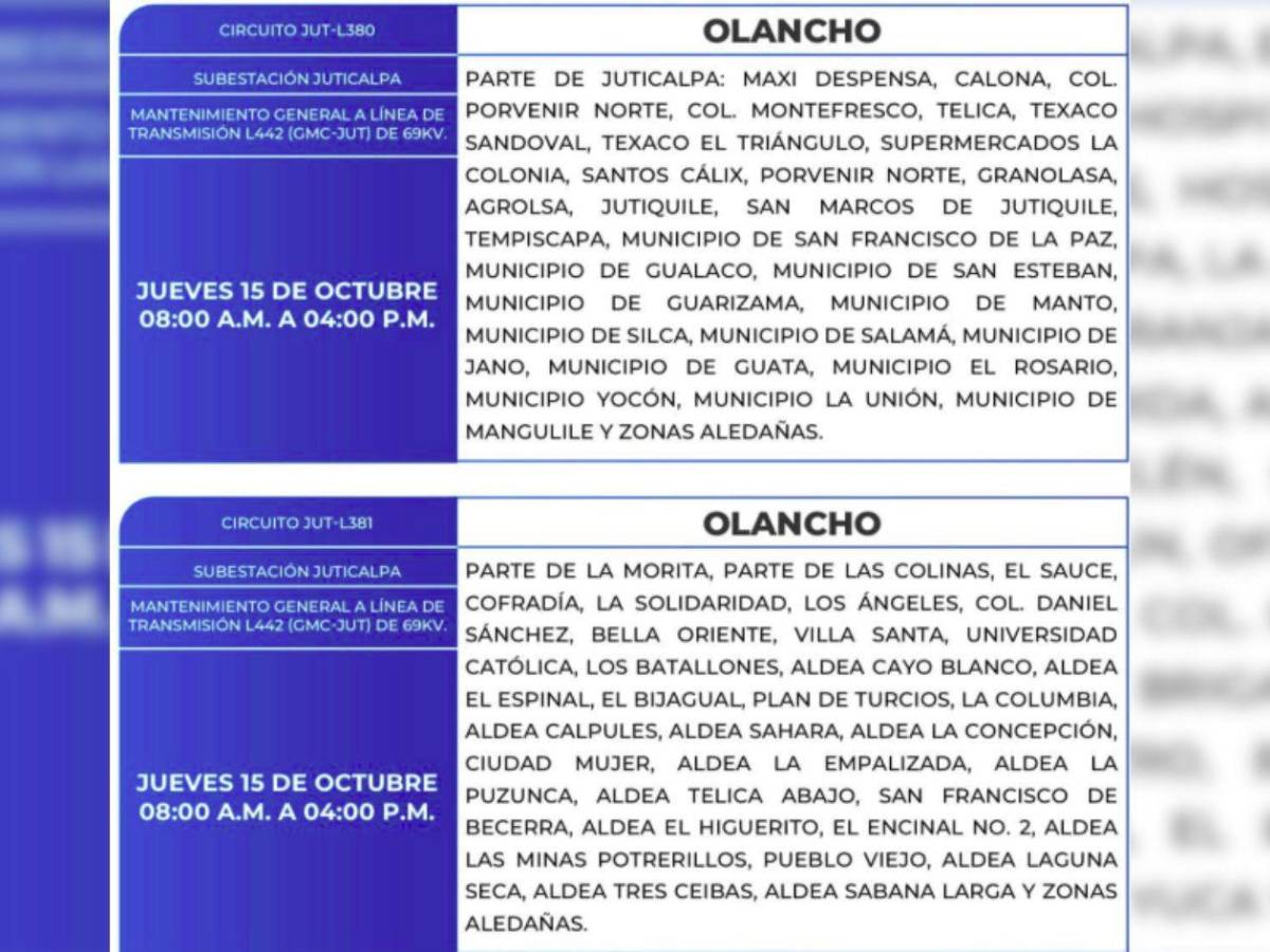 Sectores de Honduras que no tendrán luz este jueves 15 de octubre
