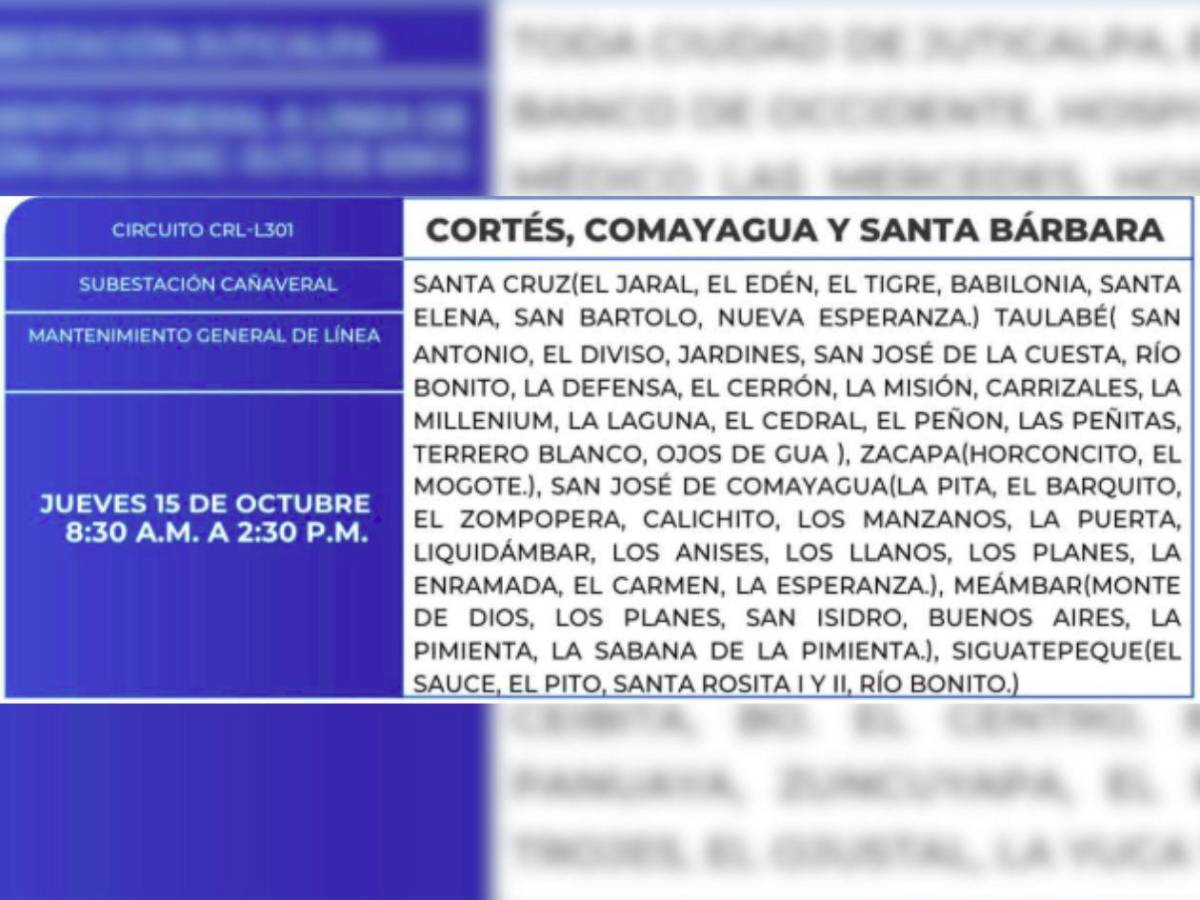 Sectores de Honduras que no tendrán luz este jueves 15 de octubre