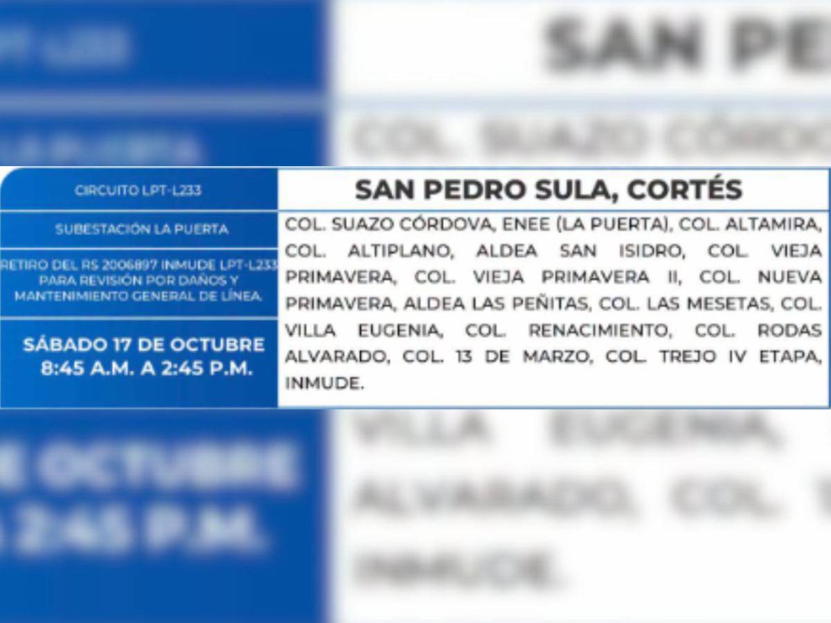 Sábado sin luz: Estas zonas de Honduras no contarán con el fluido eléctrico este 17 de octubre