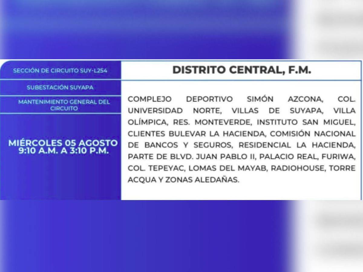 Estos barrios y colonias de Honduras no tendrán energía este miércoles 5 de agosto