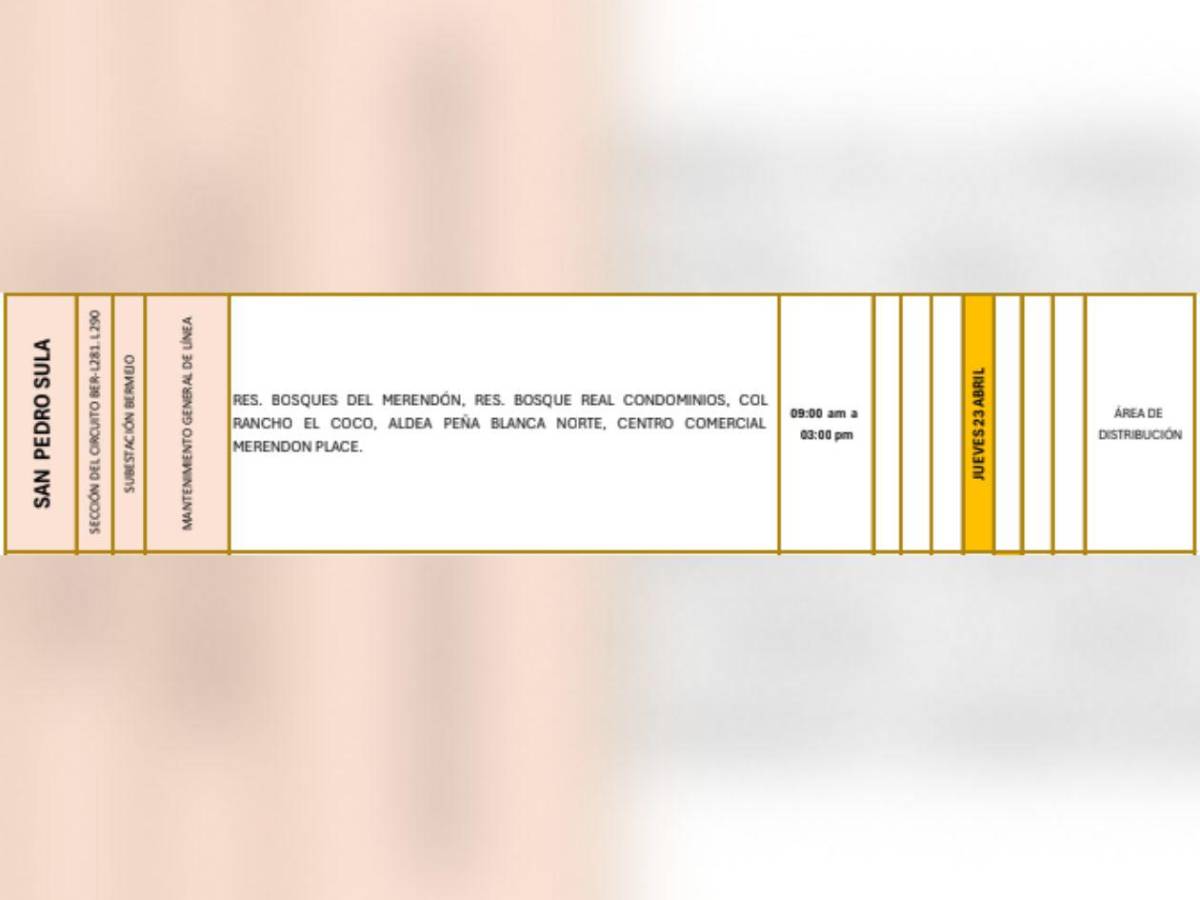 Zonas de Honduras que no tendrán luz este jueves 23 de abril