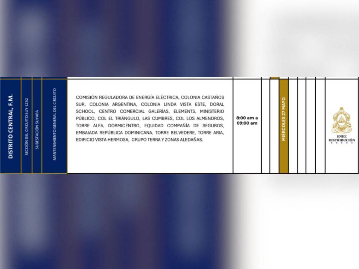 Más de 50 sitios de Honduras no tendrán luz este miércoles 27 de mayo