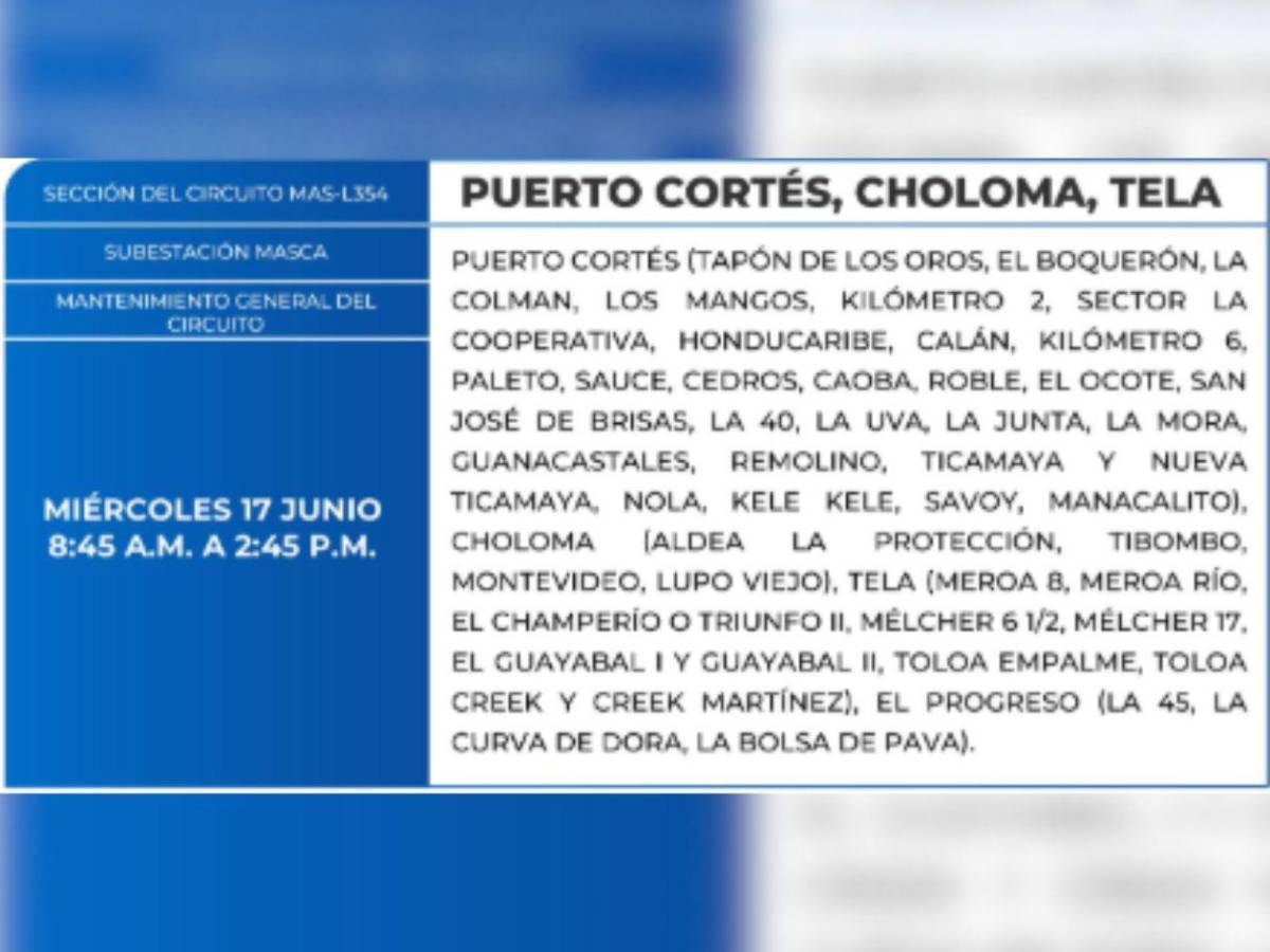 Estas zonas de Honduras no tendrán luz este miércoles 17 de junio