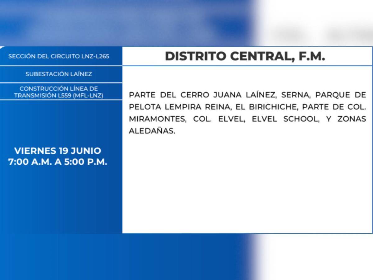 Diez horas sin luz estarán estas zonas de Honduras este viernes 19 de junio