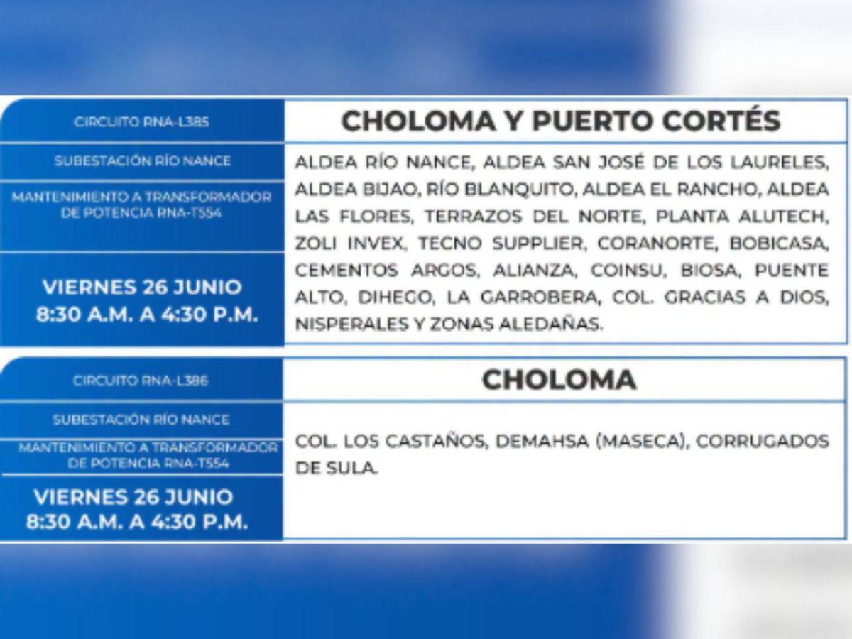 ¿Qué zonas de Honduras no tendrán luz este viernes 26 de junio?