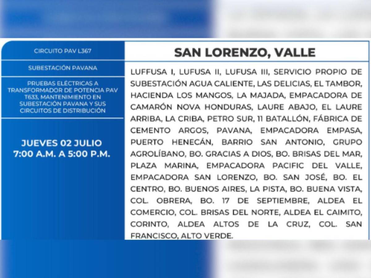 Más de 100 zonas de Honduras no tendrán luz este jueves 2 de julio