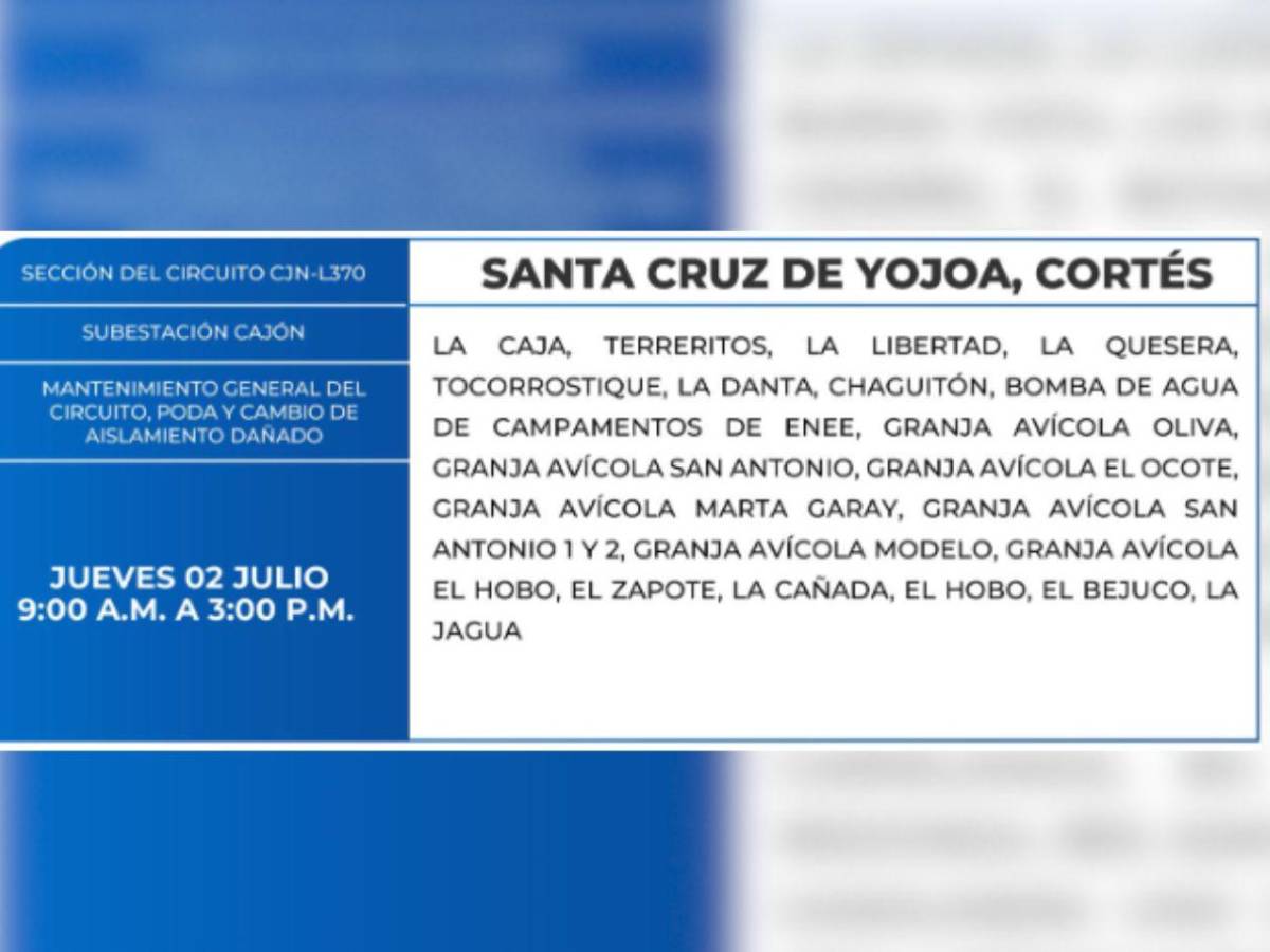 Más de 100 zonas de Honduras no tendrán luz este jueves 2 de julio