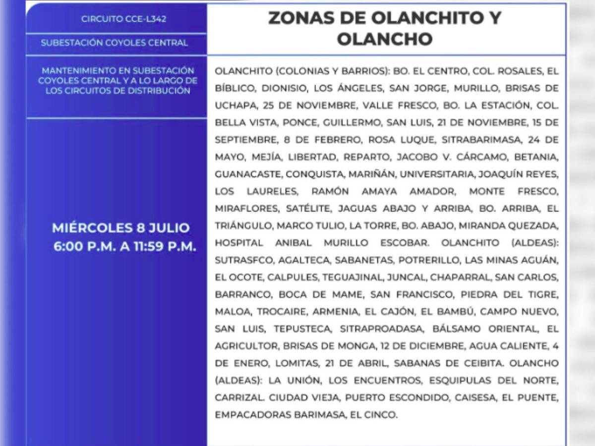 Más de 50 sitios de Honduras estarán sin energía eléctrica este miércoles 8 de julio