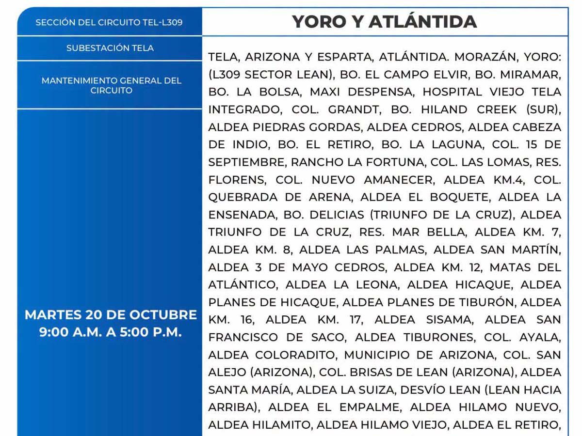 Cortes de energía de este martes 20 de octubre en Yoro, Tela, Santa Bárbara y Comayagua