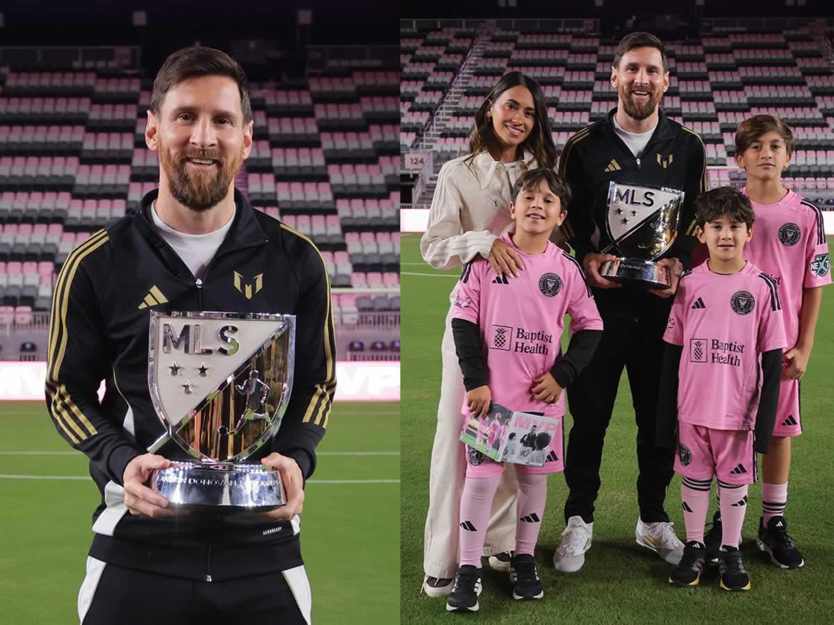 Messi fue sorprendido por sus hijos y su mujer Antonela Roccuzzo en la entrega del premio MVP de la MLS.