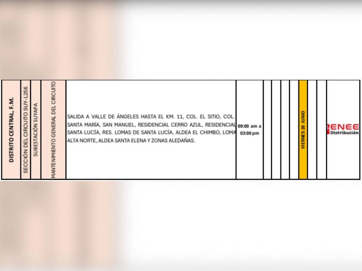 Estas zonas de Honduras no tendrán luz este viernes 20 de junio
