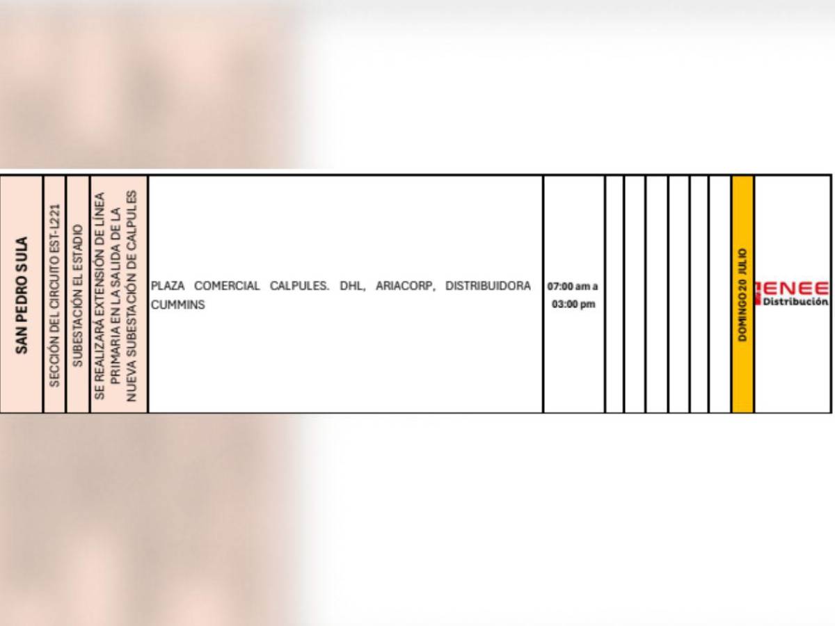 Ocho horas sin luz estarán masivas zonas de SPS, Atlántida y Yoro este domingo 20 de julio