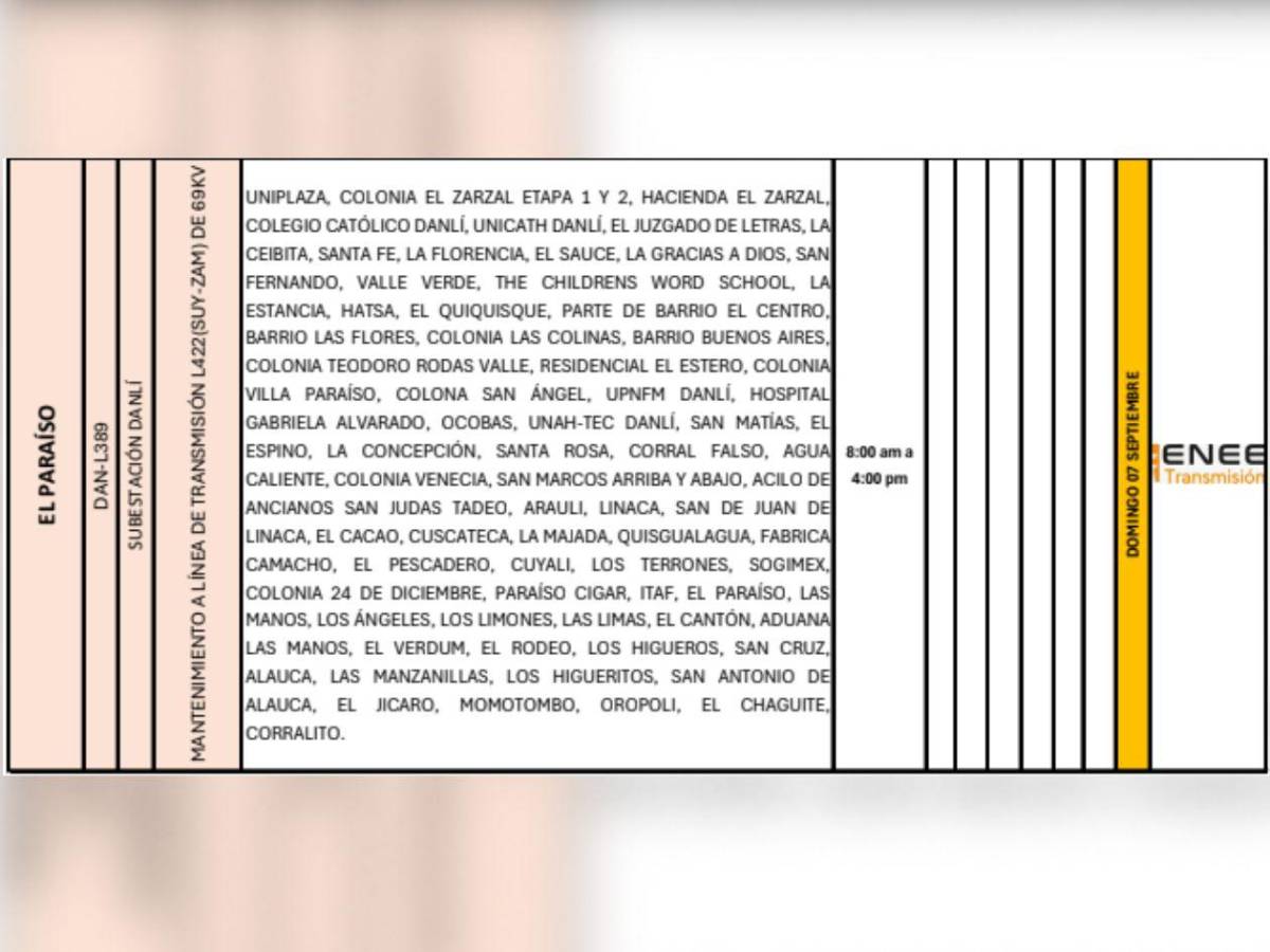 Domingo sin luz: Estas zonas de Honduras no tendrán energía este 7 de septiembre