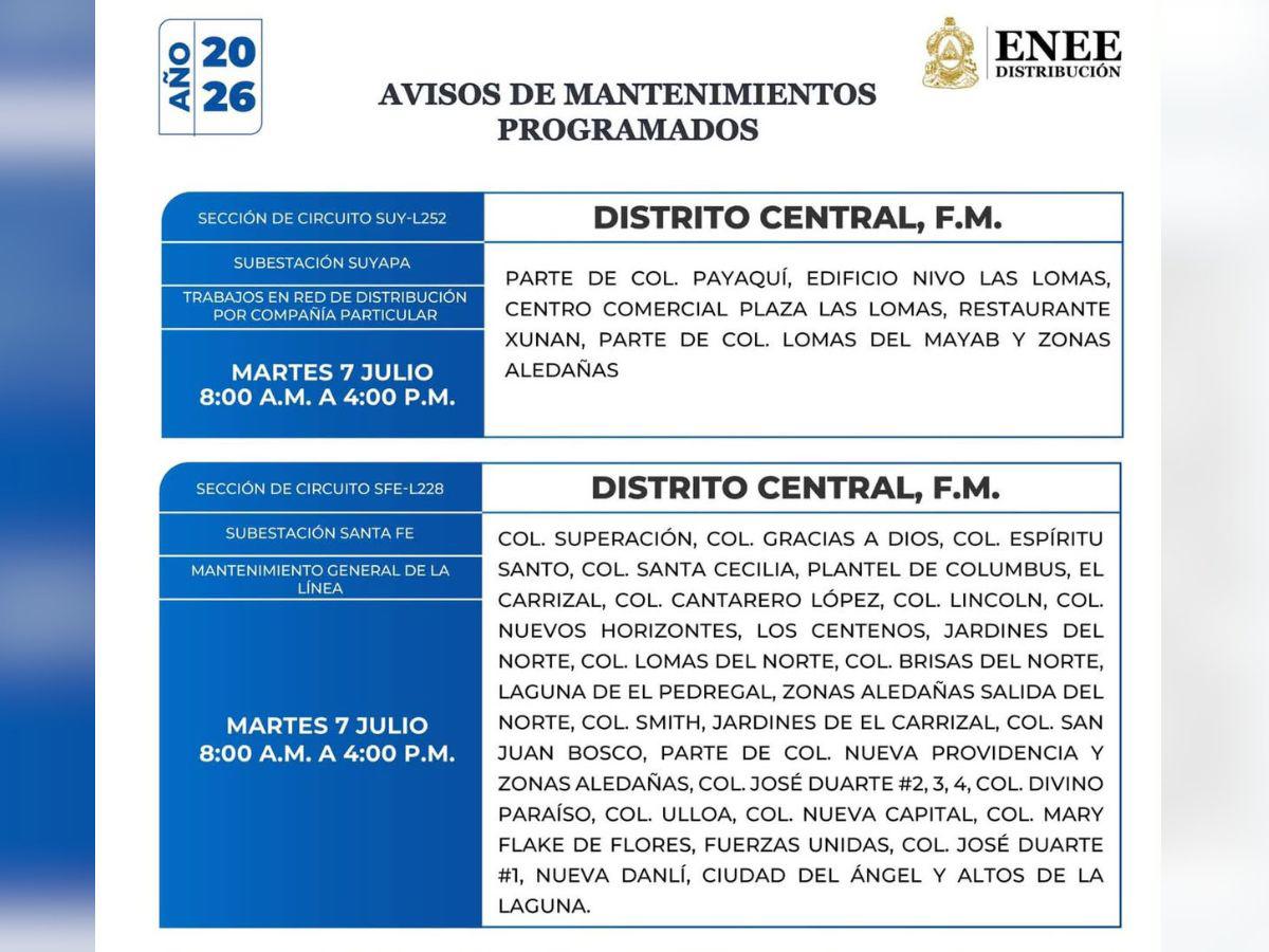 Estos lugares de Honduras no tendrán electricidad este martes 7 de julio