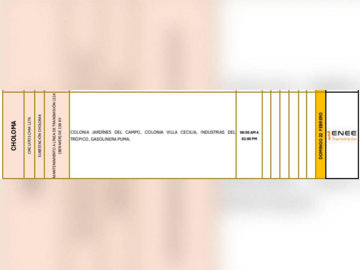 Masivas zonas de este municipio de Cortés no tendrá luz este domingo 22 de febrero