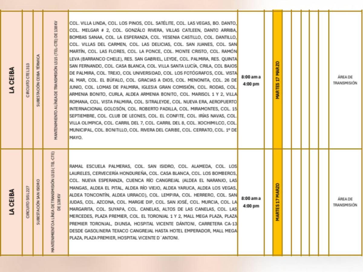 Más de 100 zonas de Honduras estarán sin luz por ocho horas este martes 17 de marzo