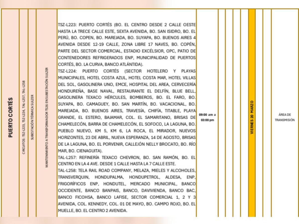 Estas zonas de Honduras estarán sin energía eléctrica este viernes 20 de marzo