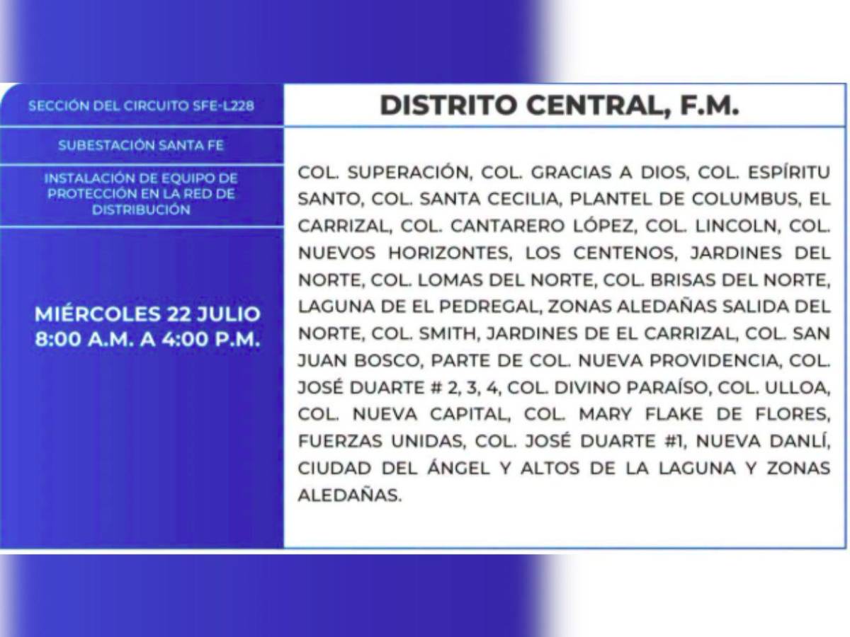 Estas zonas de Honduras no tendrán energía este miércoles 22 de julio