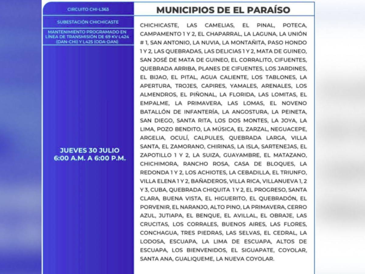 Más de 100 zonas de Honduras no tendrán energía este jueves 30 de julio