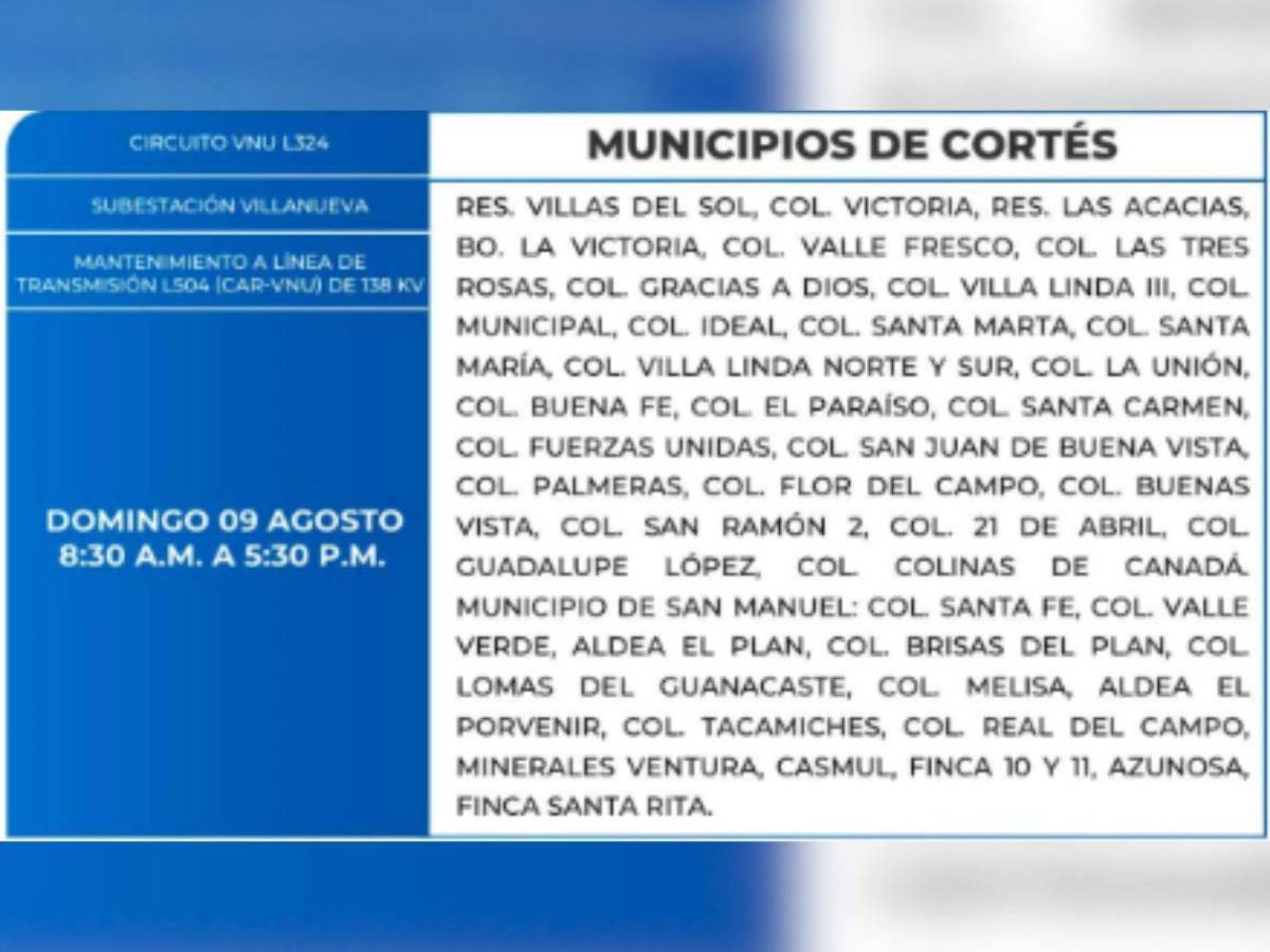 Nueve horas sin luz estarán estas zonas de Honduras este domingo 9 de agosto