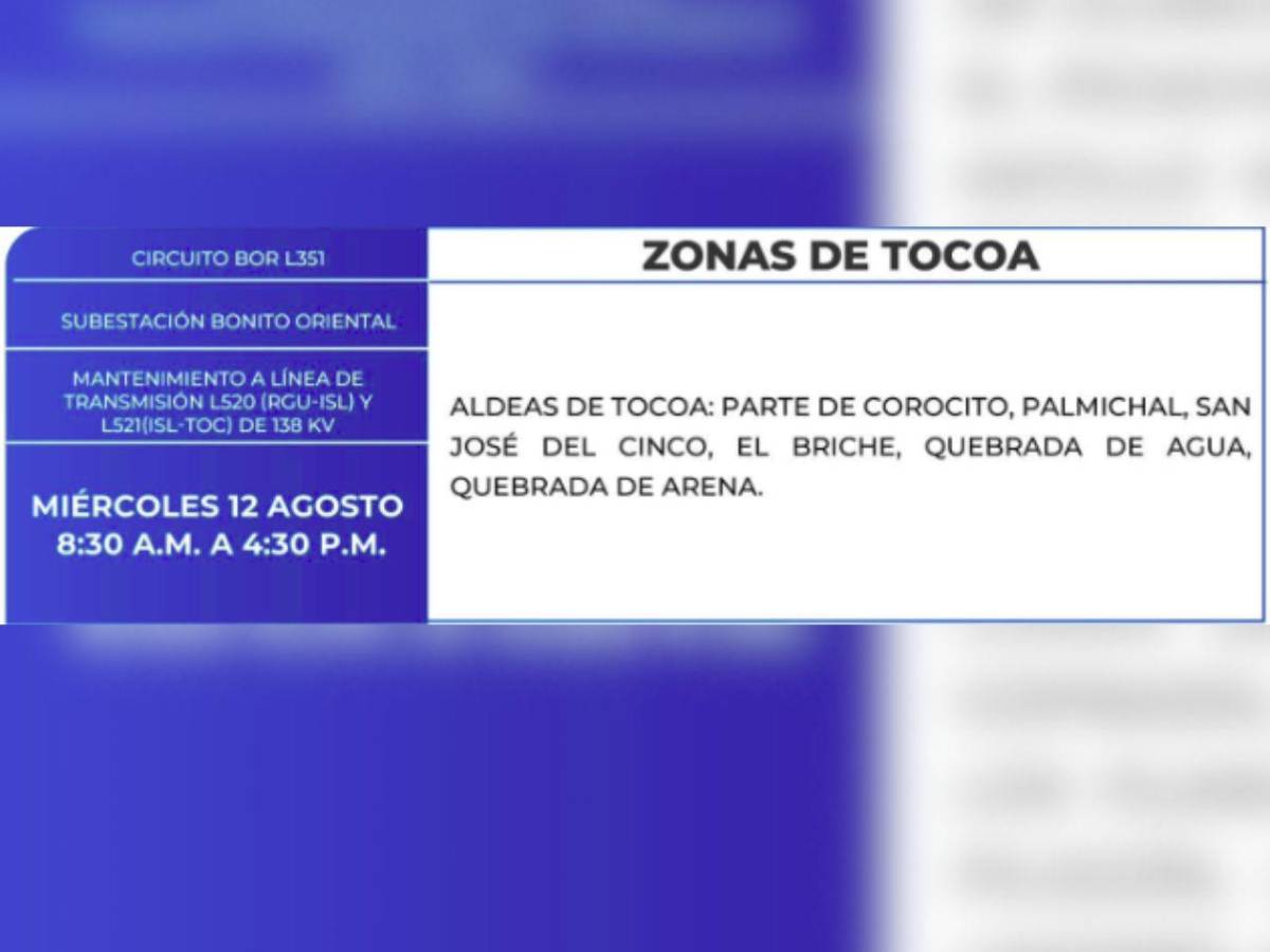 Más de 50 zonas de Honduras no tendrán luz por ocho horas este miércoles 12 de agosto