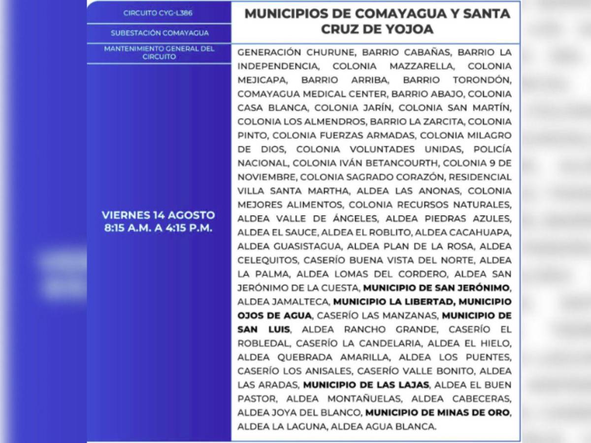 Ocho horas sin luz estarán estas zonas de Honduras este viernes 14 de agosto
