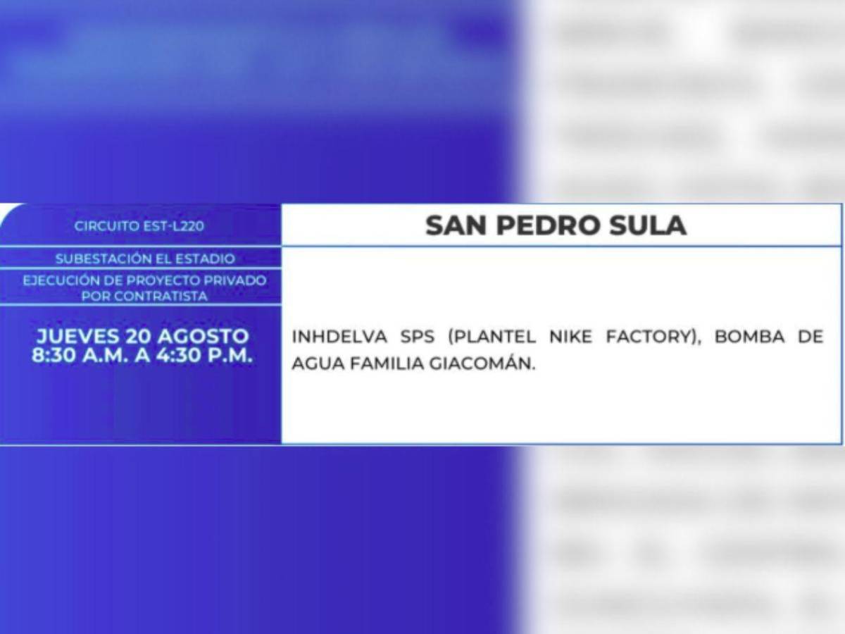 Ocho horas sin luz estarán más de 50 zonas de Honduras este jueves 20 de agosto