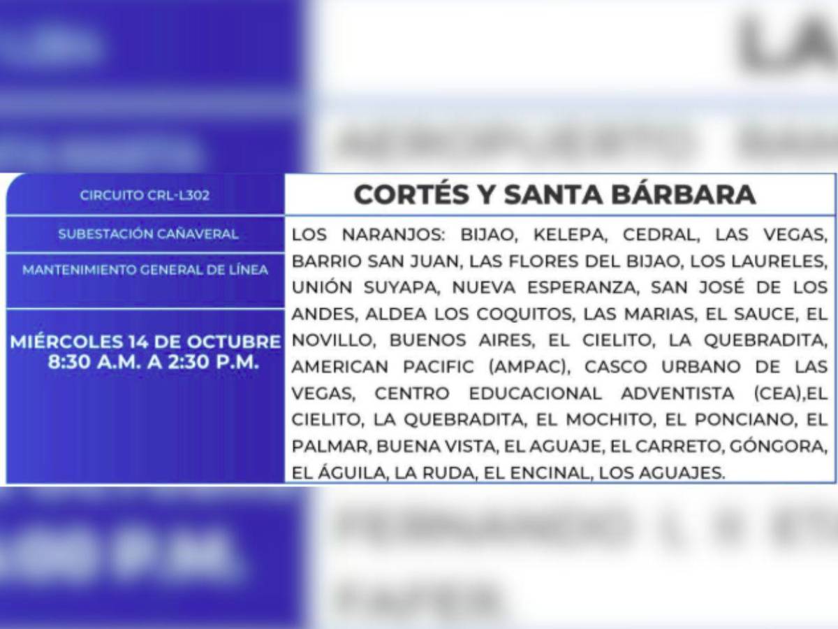 Ocho horas sin luz estarán estas zonas de Honduras este miércoles 14 de octubre
