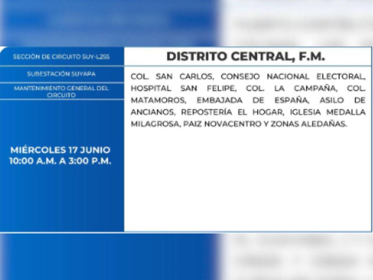 Estas zonas de Honduras no tendrán luz este miércoles 17 de junio