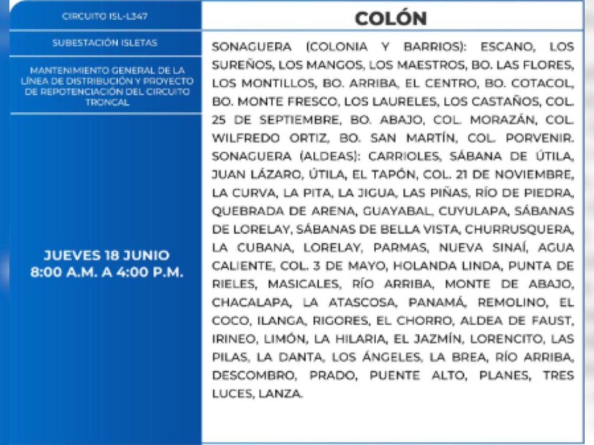 Ocho horas sin luz estarán estos sitios de Honduras este jueves 18 de junio