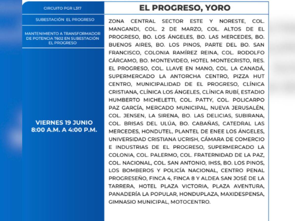 Diez horas sin luz estarán estas zonas de Honduras este viernes 19 de junio
