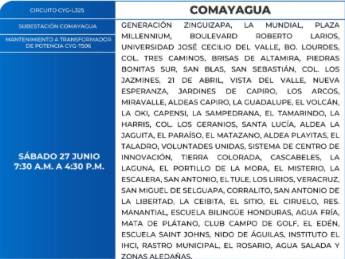 Nueve horas sin luz estarán estas zonas de Honduras este sábado 27 de junio