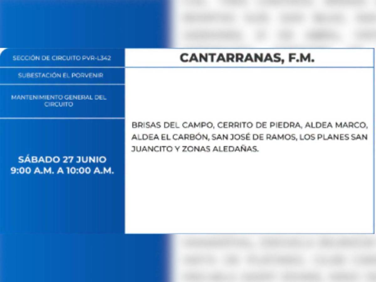 Nueve horas sin luz estarán estas zonas de Honduras este sábado 27 de junio