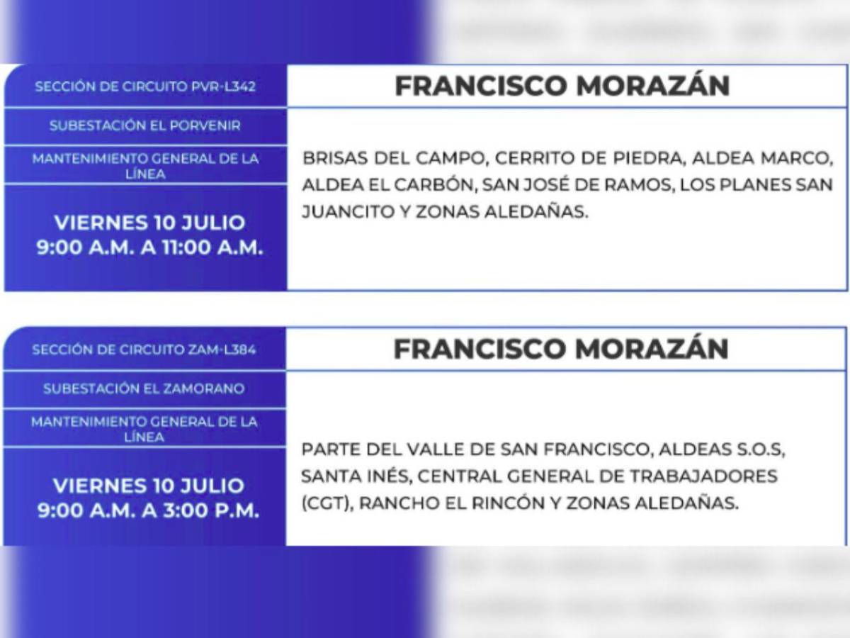 Amplios cortes de luz en estas zonas de Honduras este viernes 10 de julio
