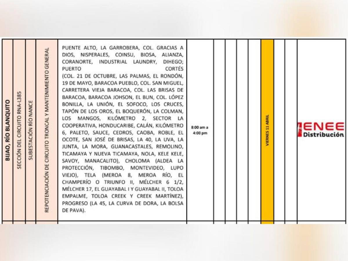 Estos municipios estarán sin luz eléctrica este viernes 11 de abril en Honduras