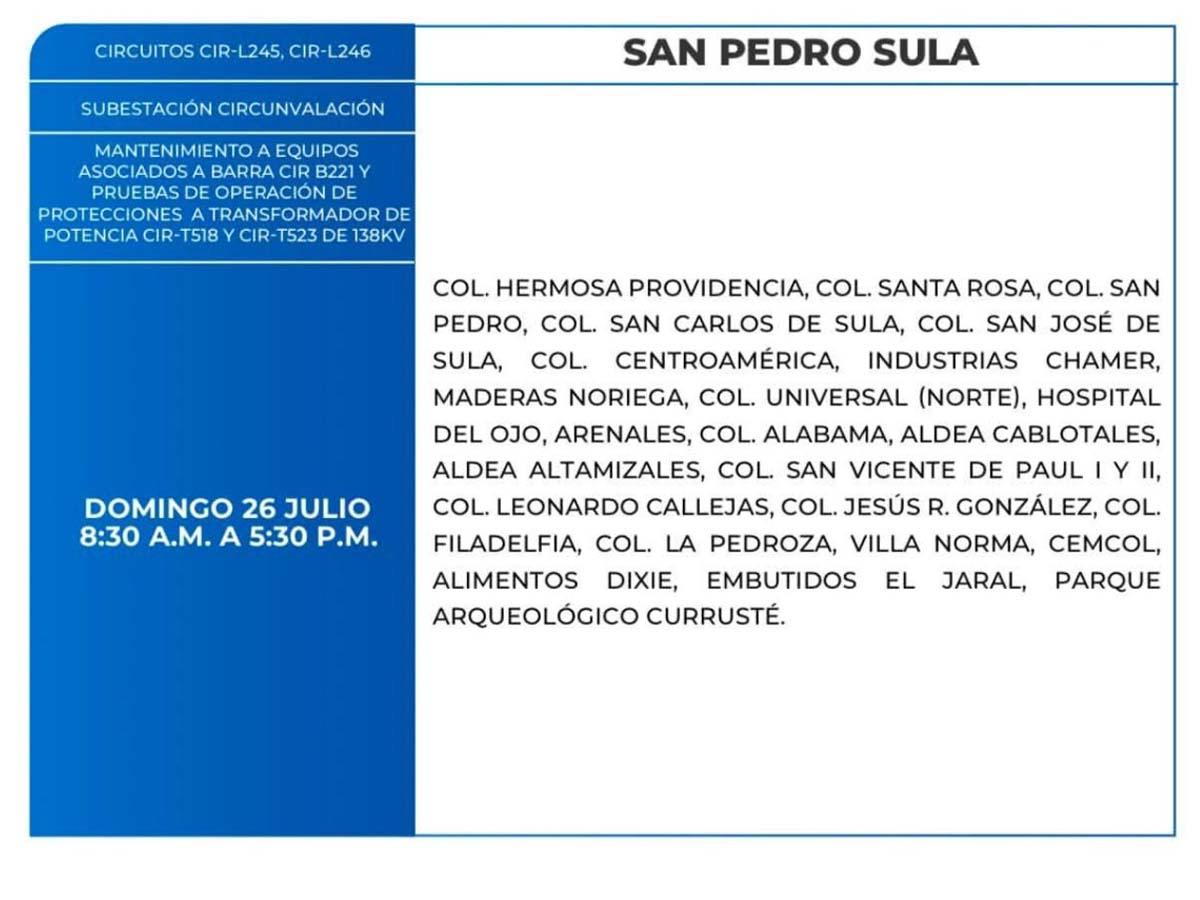 Cortes de energía en San Pedro Sula este fin de semana por mantenimiento